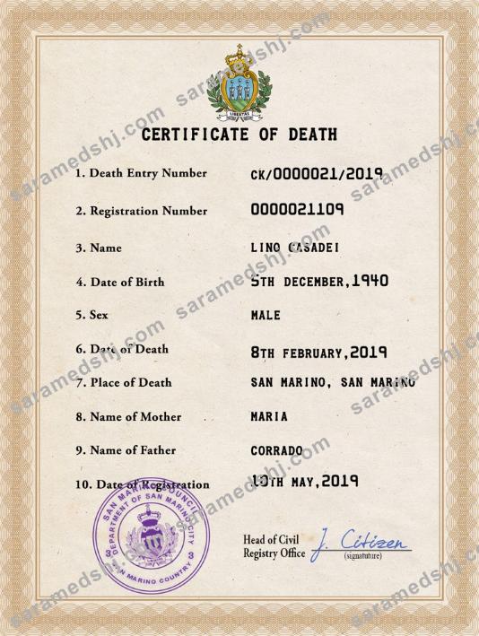 San Marino vital record death certificate PSD template